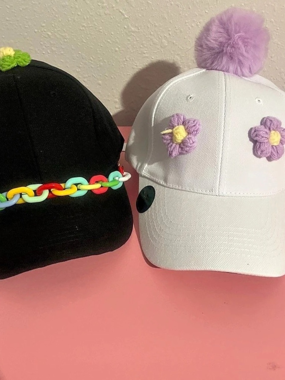 Kids Pom-Pom Baseball Caps Black & White